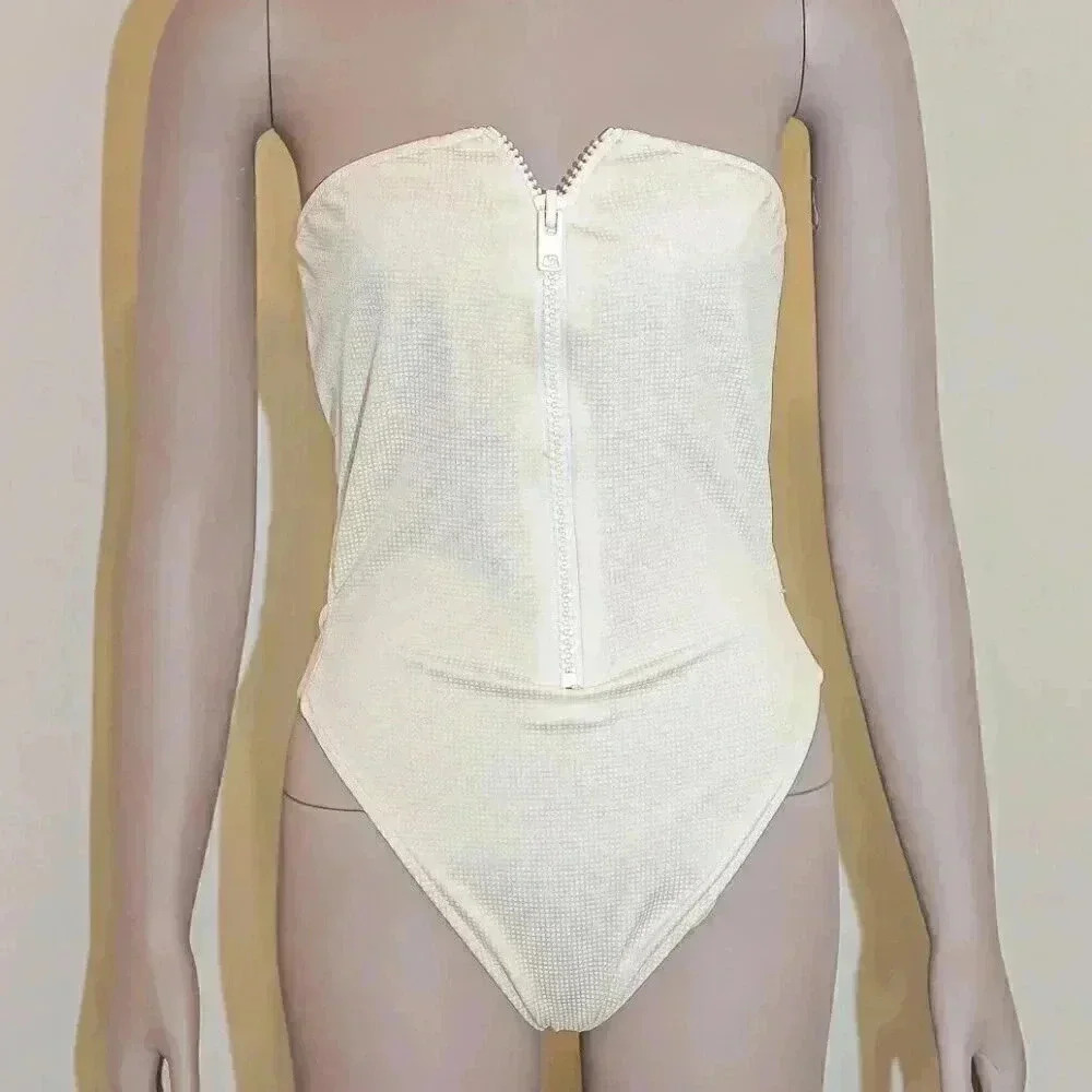 Vintage Guess Swim Off White One Piece Zippered Swimsuit Size 13/14 Bodysuit